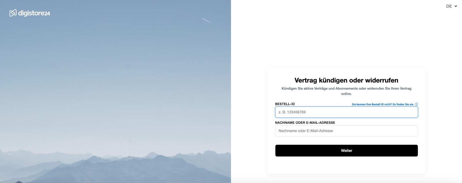 Widerrufsformular bei Digistore24: zwei Felder und ein Knopf