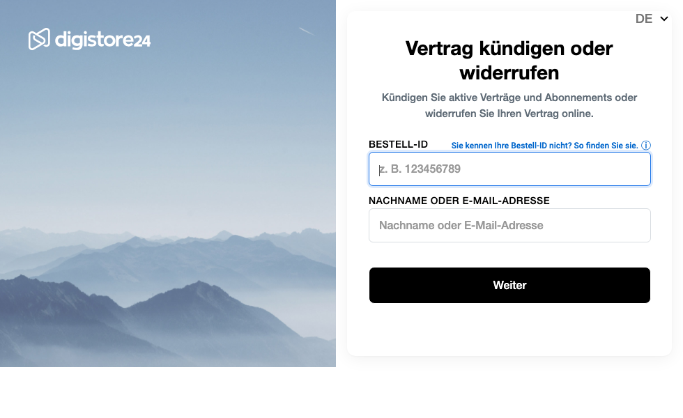 Widerrufsformular bei Digistore24: zwei Felder und ein Knopf